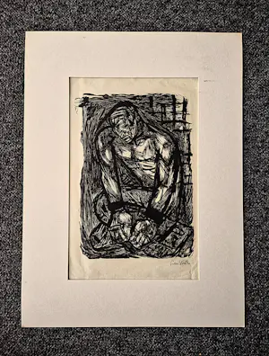 Lou Strik - Grote monochrome Hout/Linosnede "geketende slaaf" potlood-gesigneerd kopen? Bied vanaf 37!