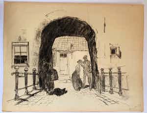 Herman Moerkerk - Oude poort met figuren verkocht voor € 160!