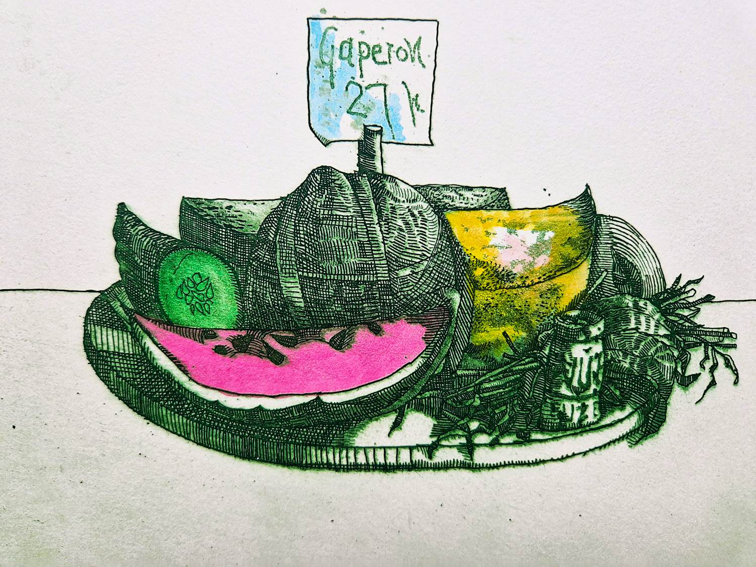 Nicolaas Wijnberg - een hele leuke, in beperkte oplage (60) gemaakte kleuren-Ets "watermeloen" kopen? Bied vanaf 37!