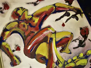 Niet of onleesbaar gesigneerd - Groot & Intrigerend expressionistisch schilderij "Naakt tussen de rozen" kopen? Bied vanaf 1!