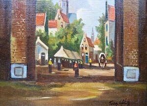 Niet of onleesbaar gesigneerd - Middeleeuwse Stadspoort Amsterdam met figuren - handgesigneerd: T. Guth? kopen? Bied vanaf 1!