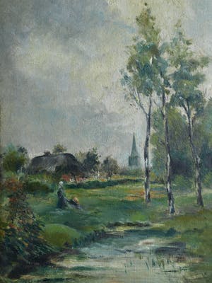 Niet of onleesbaar gesigneerd - Olieverf op paneel , Landschap met vrouw – ingelijst - oud kopen? Bied vanaf 1!