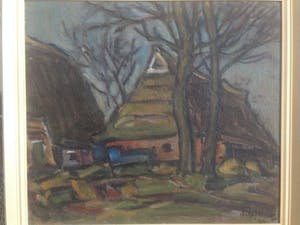 Jan Weinand De Jonge - Expressionistisch landschap met Groningse of Friese boerderijen kopen? Bied vanaf 90!