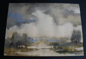 Sjoerdtje Mulder-Hak - Waterlandschap met verre einder - mooi ingelijste grote aquarel kopen? Bied vanaf 75!