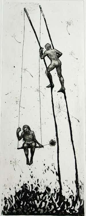 Niet of onleesbaar gesigneerd - Ingelijste houtsnede, Steltloper met meisje op schommel - 1998 verkocht voor € 1!