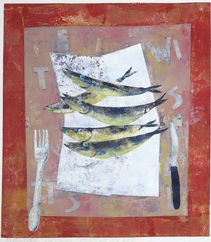 Betty Scheer - Linosnede, Vijf vissen kopen? Bied vanaf 35!