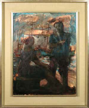 Niet of onleesbaar gesigneerd - Olieverf op papier, Gezicht op een haven - Ingelijst verkocht voor € 1!