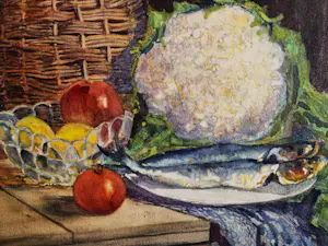 Adolf van Dijk - Grote aquarel - circa 1920 - stilleven met bloemkool, makreel - gesigneerd kopen? Bied vanaf 1!