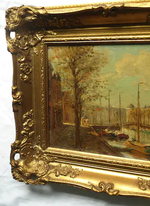 Niet of onleesbaar gesigneerd - Ingelijst, olieverf op doek op karton (marouflé), Stadsgezicht - 38 x 44 cm kopen? Bied vanaf 1!