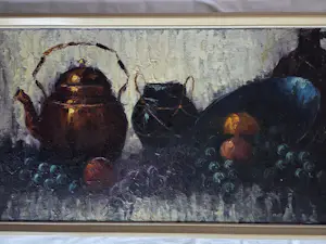 Peter Brouwer - Stilleven met fruit en flessen en potten. kopen? Bied vanaf 129!