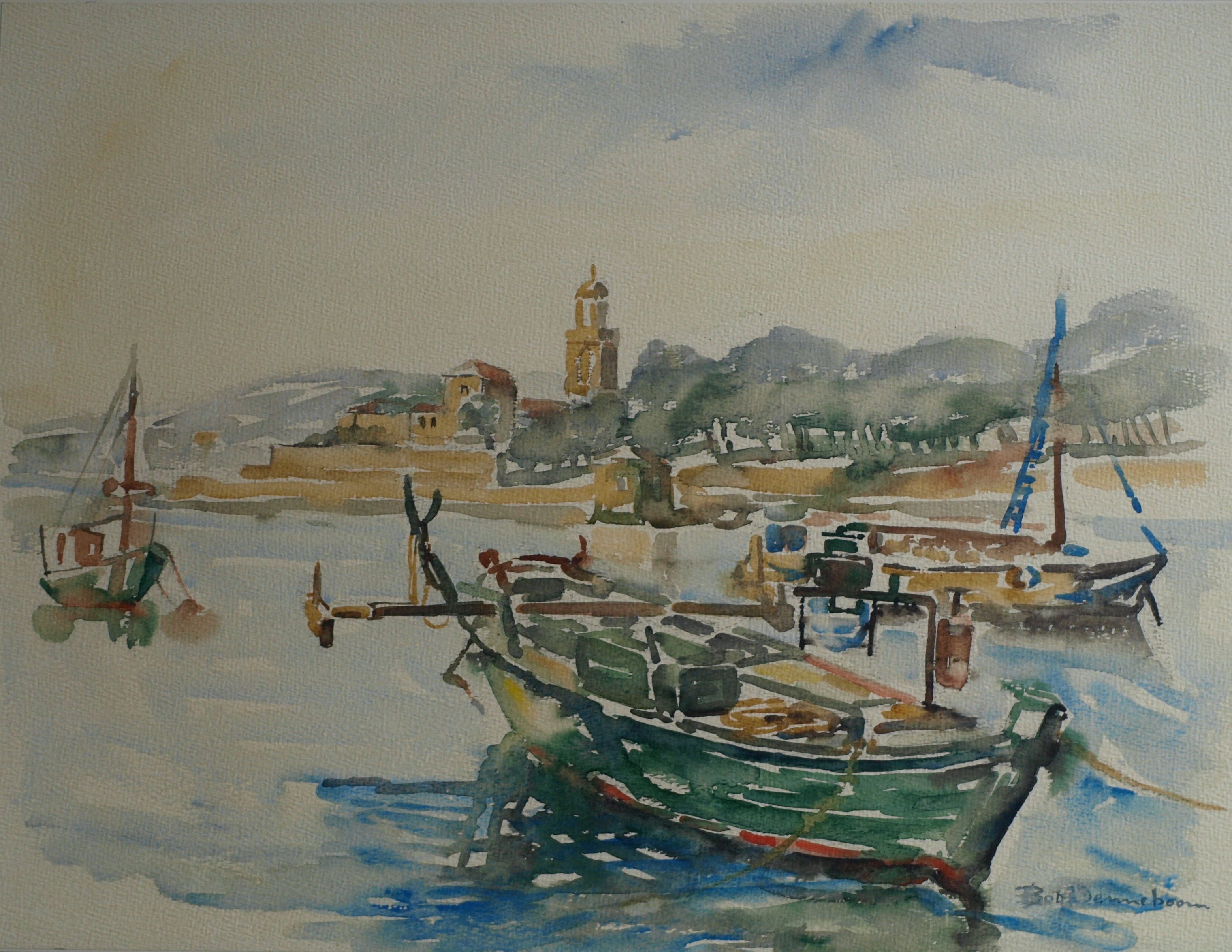 Bob Denneboom - Aquarel – Haven - ingelijst – ca 1958 kopen? Bied vanaf 45!