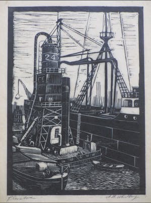Antonius Hubertus Nordberg - Graanelevator in de haven - Houtsnede kopen? Bied vanaf 35!