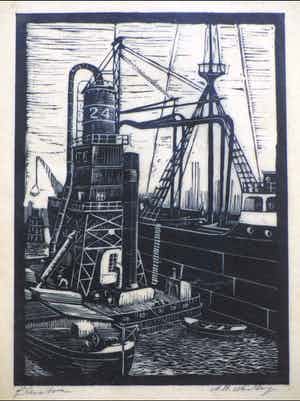 Antonius Hubertus Nordberg - Graanelevator in de haven - Houtsnede verkocht voor € 35!