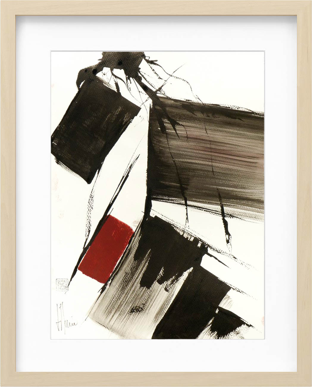 AcheterJean-Jacques Marie - Abstraction noire à l’accent rouge encadrée? Enchérissez de 90!
