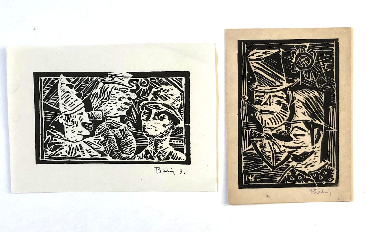 Herman Bieling - Twee houtsneden met clowns kopen? Bied vanaf 40!