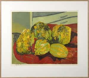 Vincent van Ojen - Houtsnede, Stilleven met meloenen - Ingelijst verkocht voor € 70!