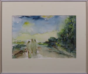 Jutta Metzger - Aquarel, Drie figuren in een landschap - Ingelijst kopen? Bied vanaf 100!