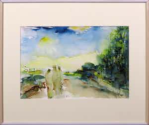 Jutta Metzger - Aquarel, Drie figuren in een landschap - Ingelijst verkocht voor € 100!