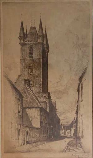 Eugene Lucker - Raadhuis Sluis in Zeeland - Ets, Ingelijst kopen? Bied vanaf 40!