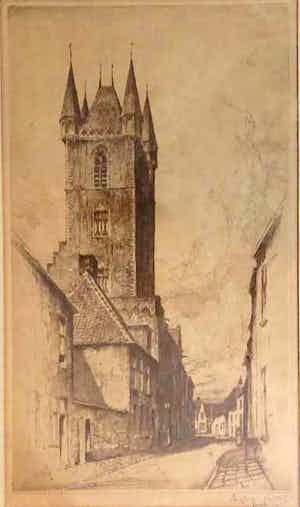 Eugene Lucker - Raadhuis Sluis in Zeeland - Ets, Ingelijst verkocht voor € 40!