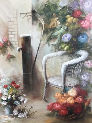 Niet of onleesbaar gesigneerd - Binnenplaats met bloemen. kopen? Bied vanaf 1!