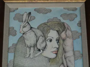 Henny van Diest - Ingelijst, Gemengde techniek, Vrouw met Konijn – Lijst, 39 x 34 cm - 1980 kopen? Bied vanaf 70!