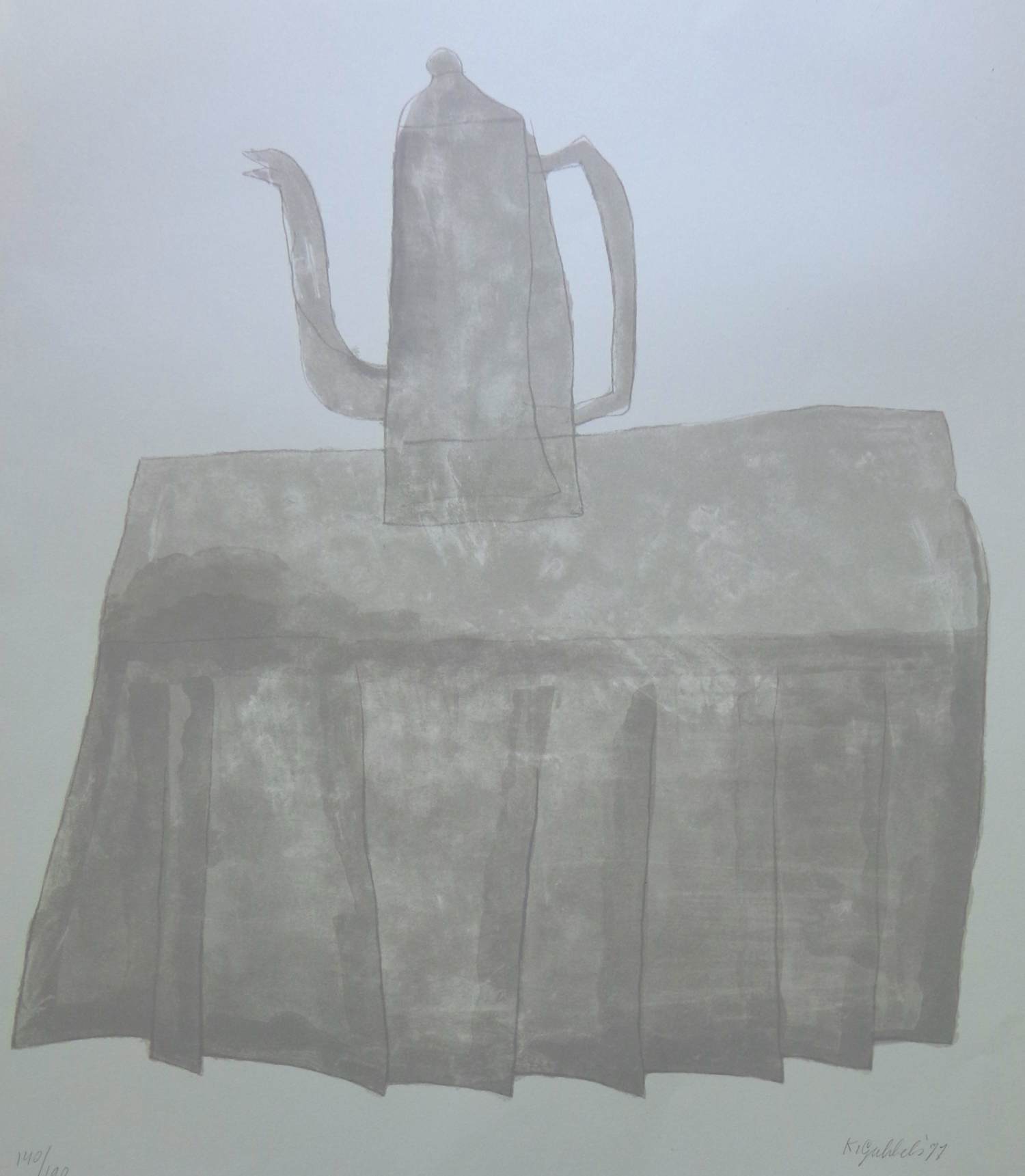 Klaas Gubbels - GRIJZE KOFFIEKAN / KLEURZEEFDRUK / 76x56cm / SIG / 1977 verkocht voor € 195!