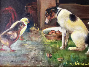 Niet of onleesbaar gesigneerd - Uniek schilderij hond met 2 kuikens kopen? Bied vanaf 1!