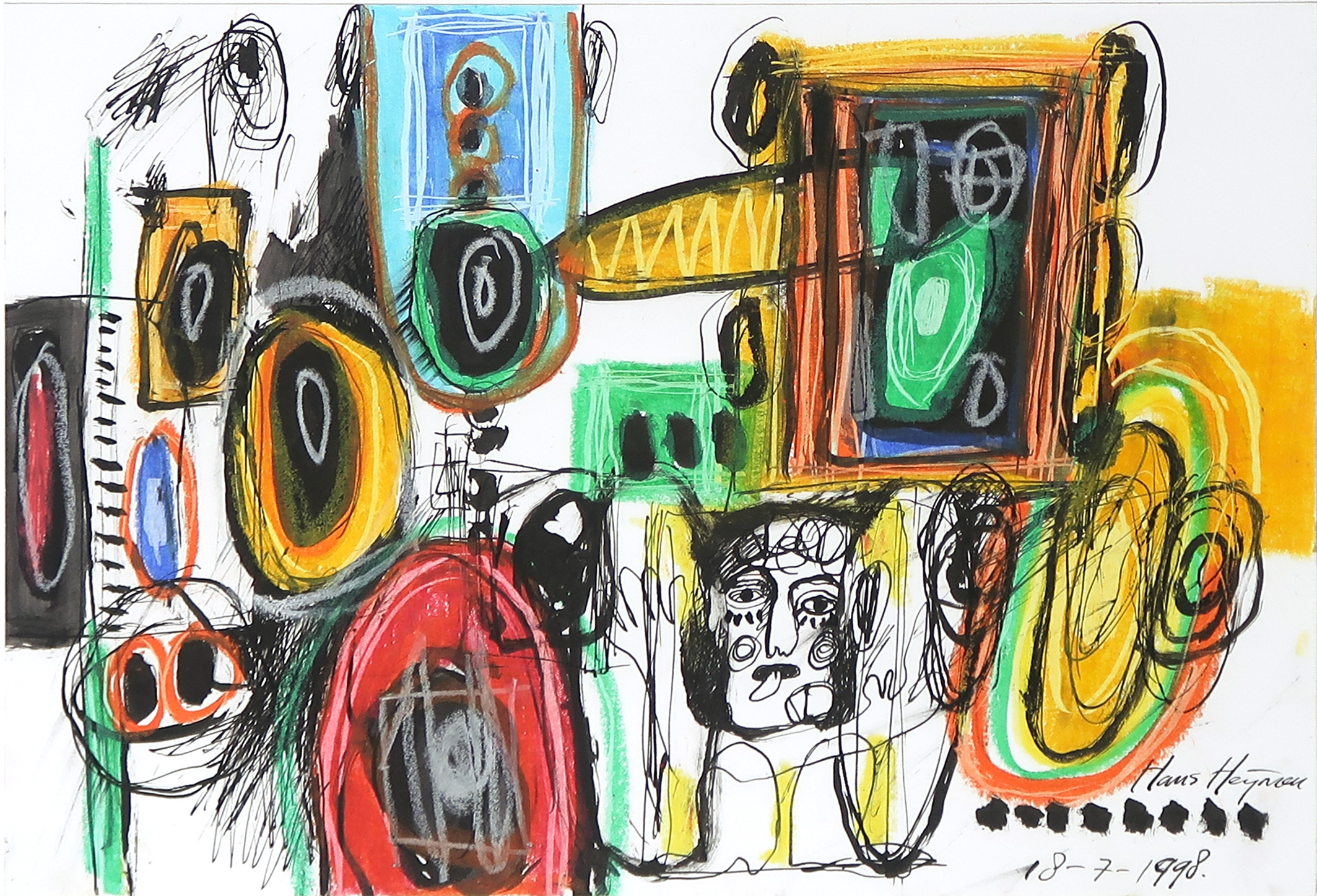 Hans Heijman - Gemengde technieken op papier, krijt, acryl en inkt, Hier ben ik verkocht voor € 35!