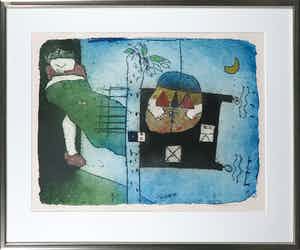 Michel van Overbeeke - Kleurenets met bladgoud, Breakfast II - Ingelijst verkocht voor € 50!