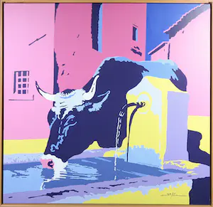 AcheterMarco Kooiman - Acryl op doek, Cow drinking at fountain - Ingelijst (Groot)? Enchérissez de 250!