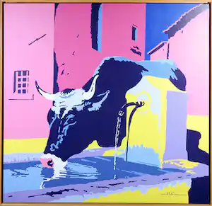 Marco Kooiman - Acryl op doek, Cow drinking at fountain - Ingelijst (Groot) vendu pour 270€ !