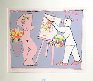 Aat Veldhoen - Zeefdruk, Compositie met schilder en model - Ingelijst kopen? Bied vanaf 1!