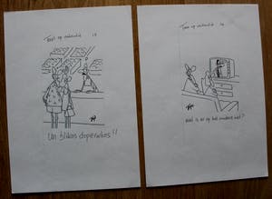 Toon van Driel - 2 Pentekeningen: Toon op vakantie - "Wat is er op het...?/Un blikos doperwtos" kopen? Bied vanaf 100!