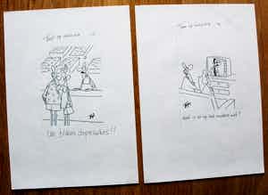 Toon van Driel - 2 Pentekeningen: Toon op vakantie - "Wat is er op het...?/Un blikos doperwtos" verkocht voor € 100!