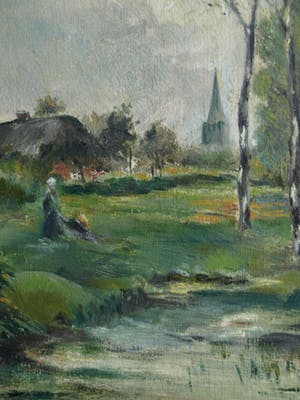 Niet of onleesbaar gesigneerd - Olieverf op paneel , Landschap met vrouw – ingelijst - oud kopen? Bied vanaf 1!