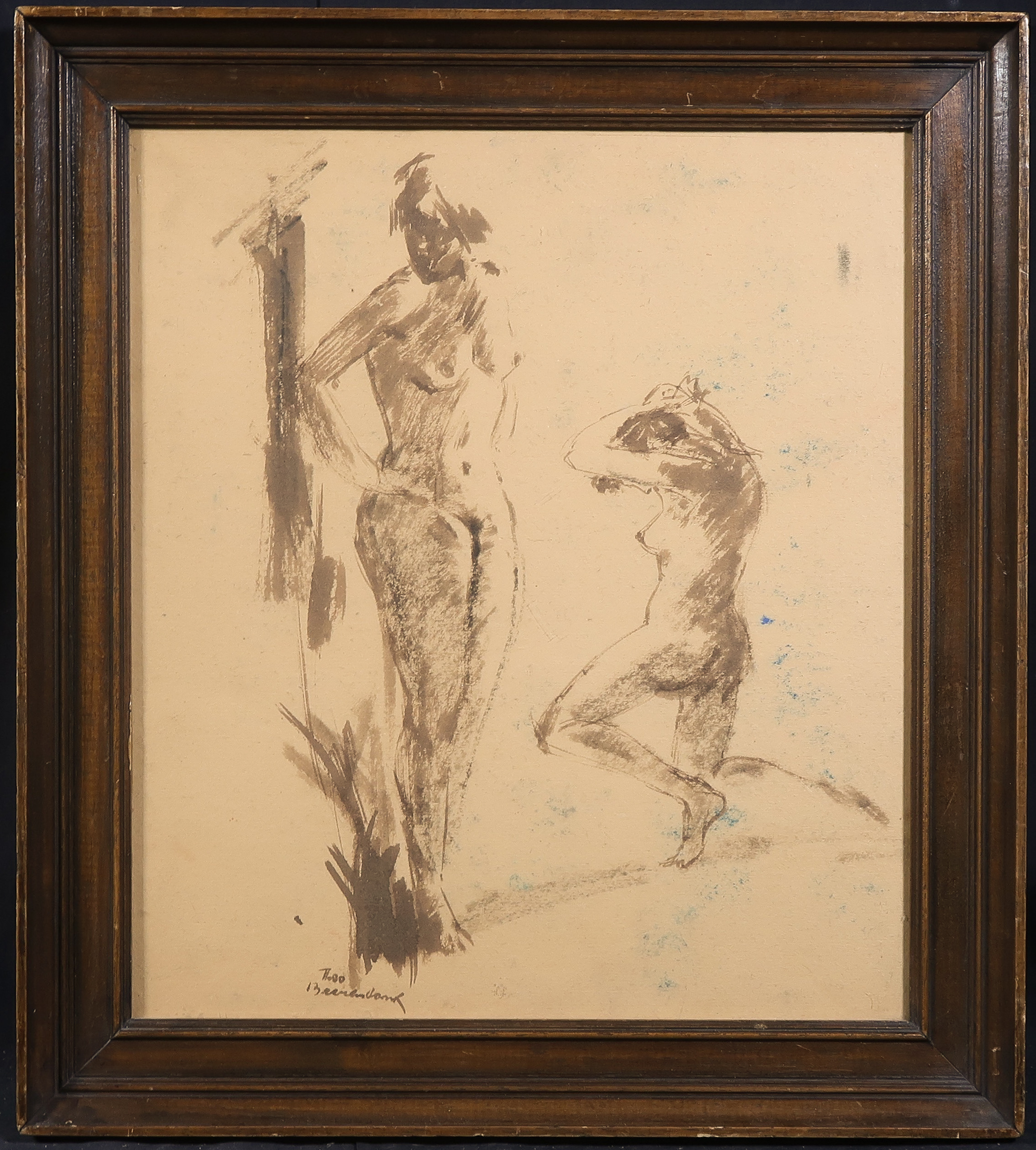 Theo Beerendonk - Aquarel, Vrouwelijk naakt - Ingelijst verkocht voor € 50!