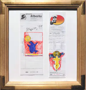 AcheterCorneille - Vrouw en vogel op kassabonnen, stifttekeningen op papier (mooi ingelijst)? Enchérissez de 995!