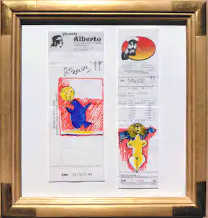 AcheterCorneille - Vrouw en vogel op kassabonnen, stifttekeningen op papier (mooi ingelijst)? Enchérissez de 995!