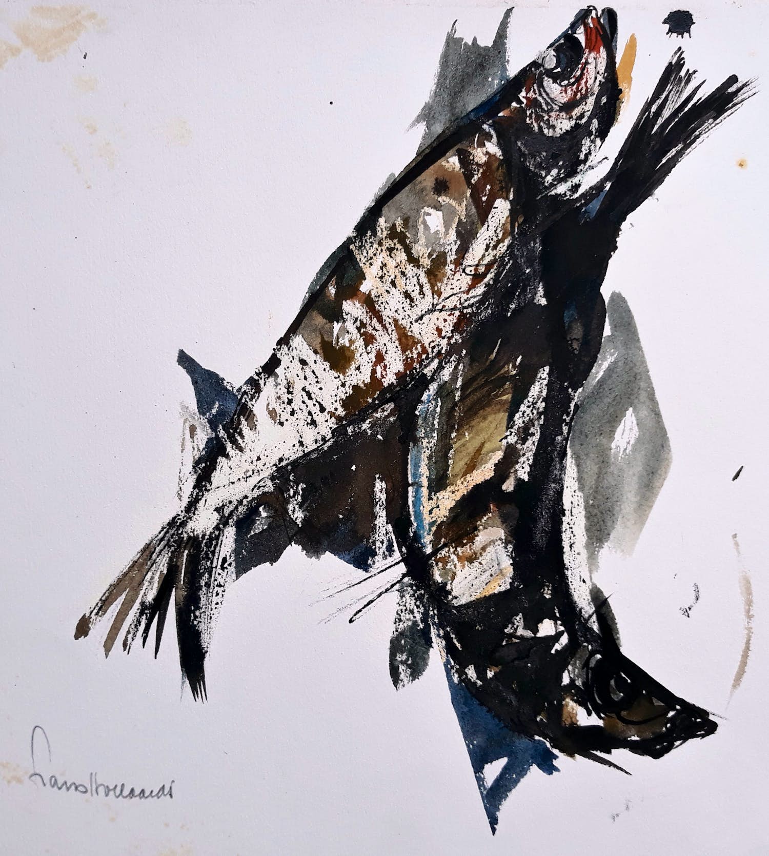 Frans Hollaardt - Parende vissen, gouache verkocht voor € 35!