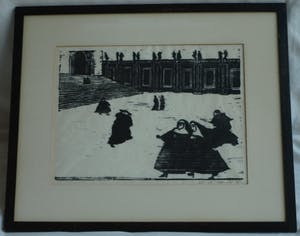 Niet of onleesbaar gesigneerd - Ingelijste houtsnede, Nonnen wandelend in de storm – 1966 kopen? Bied vanaf 1!