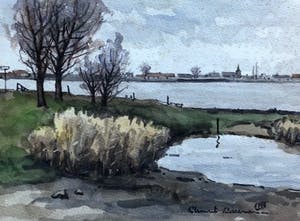Clement Bezemer - zicht over rivier op onbekende stad kopen? Bied vanaf 25!