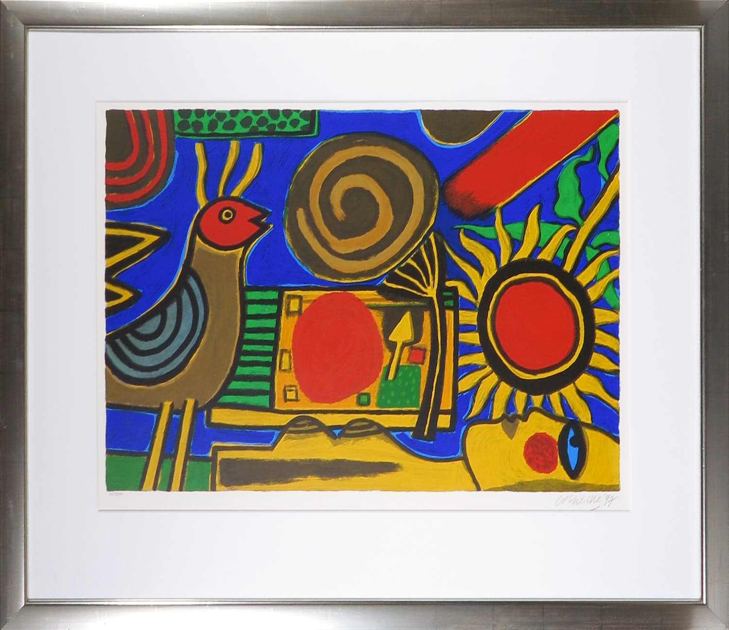 Corneille - Zeefdruk, Vrouw met vogel en zonnebloem - Ingelijst kopen? Bied vanaf 300!