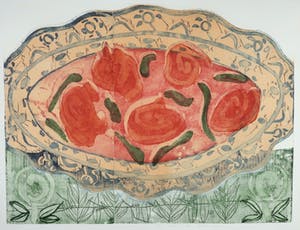 Lukie de Bree - Kleurenets en aquatint, Schaal met rozen kopen? Bied vanaf 1!