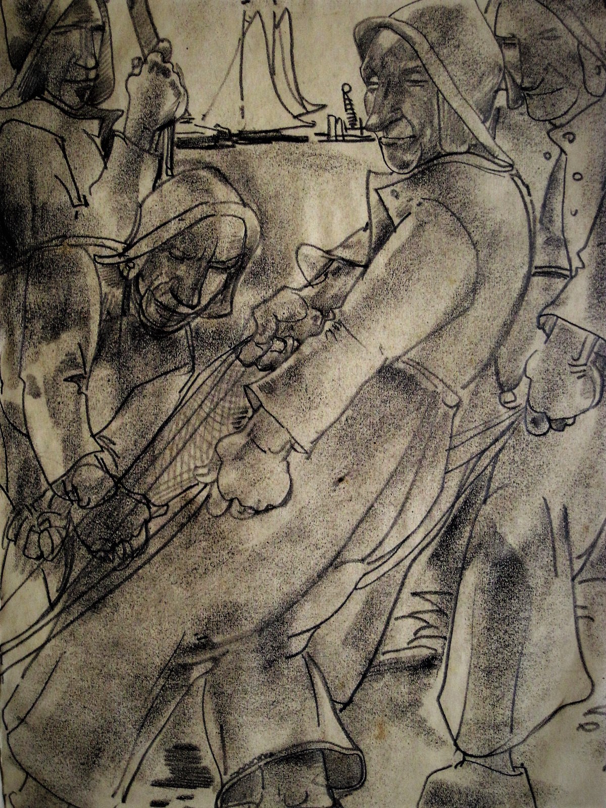 Willem van den Berg - ZELDZAAM! vroege houtskooltekening "Scheveningen -Vissers halen vangst binnen" kopen? Bied vanaf 1!