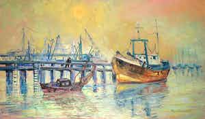 Bitia Rosendor - Acryl op doek, Havengezicht (Groot) verkocht voor € 50!