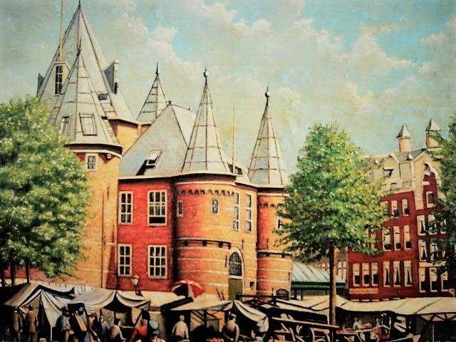 Niet of onleesbaar gesigneerd - Leuk ca. 1920 olieverf "Amsterdam marktdag op Nieuwmarkt" gesigneerd kopen? Bied vanaf 1!