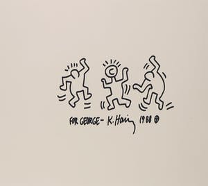 Keith Haring - Typische stifttekening opgedragen aan George Mulder - Ingelijst kopen? Bied vanaf 1!
