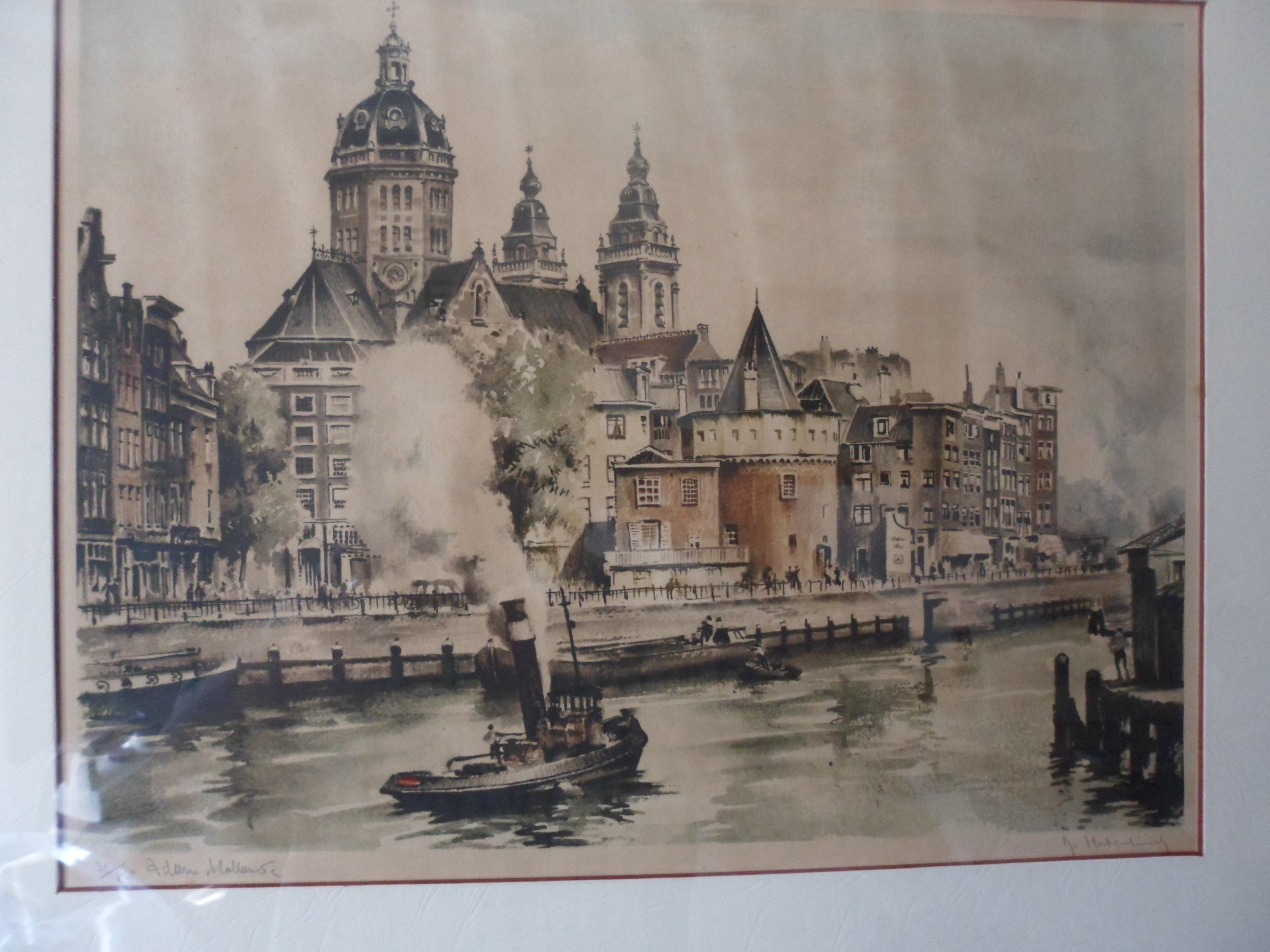 Roger Hebbelinck - Kleuren ets: Amsterdam, St Nicolaaskerk en Schreierstoren. kopen? Bied vanaf 30!