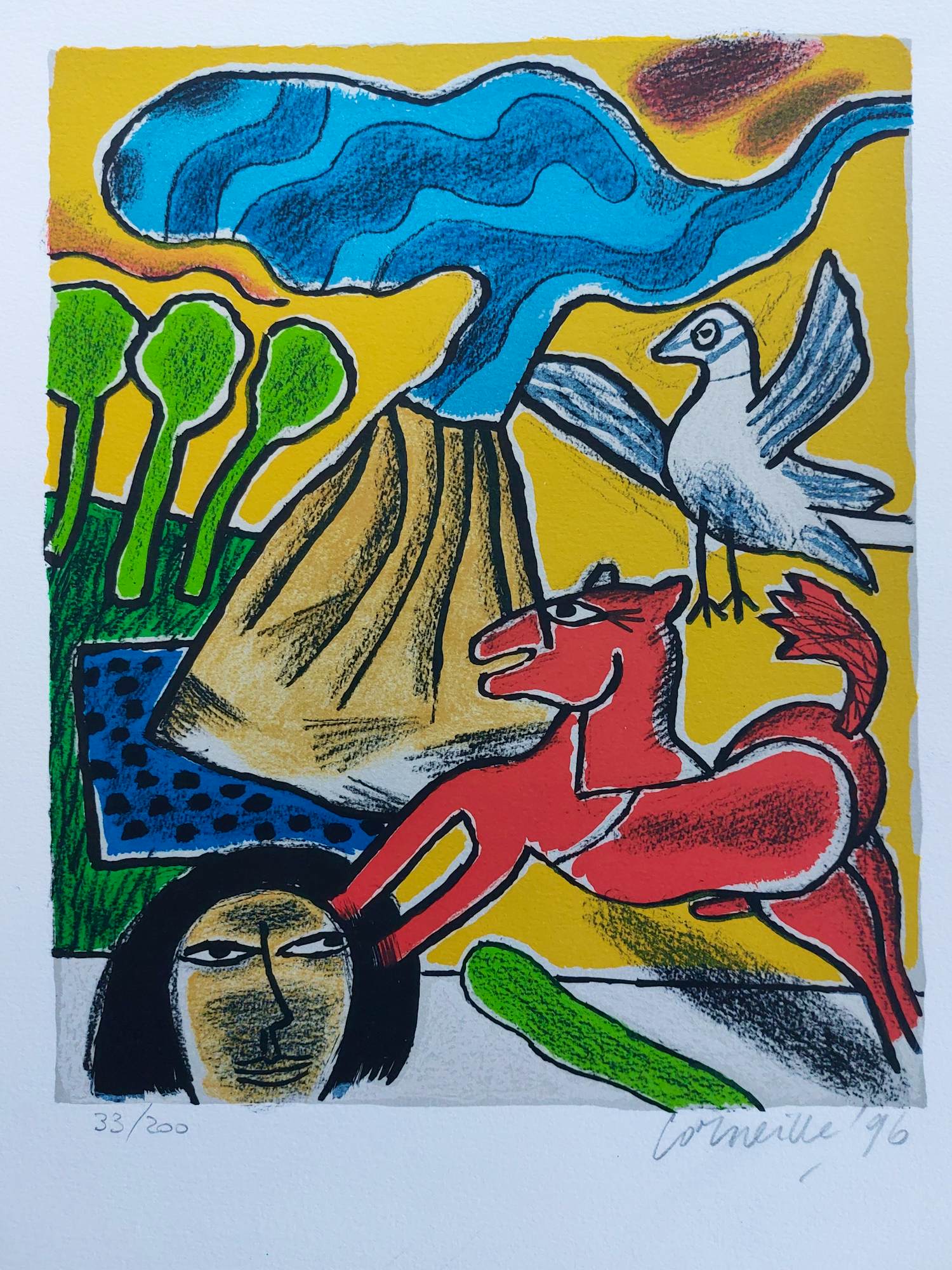 Corneille - Femme avec cheval et oiseau près d'un volcan verkocht voor € 200!